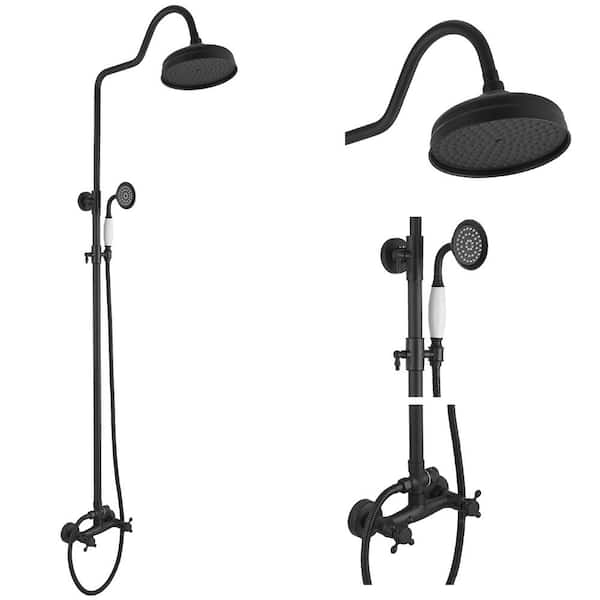 BWE Double-Handle 2-Spray 8in Rainfall Shower Head Wall Bar Shower Kit with Hand Shower Mixer Shower System Taps, Black