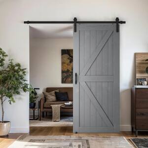 26 in. x 84 in. k-Shaped Natural Solid Wood finished Grey Interior Sliding Barn Door with Hardware Kit