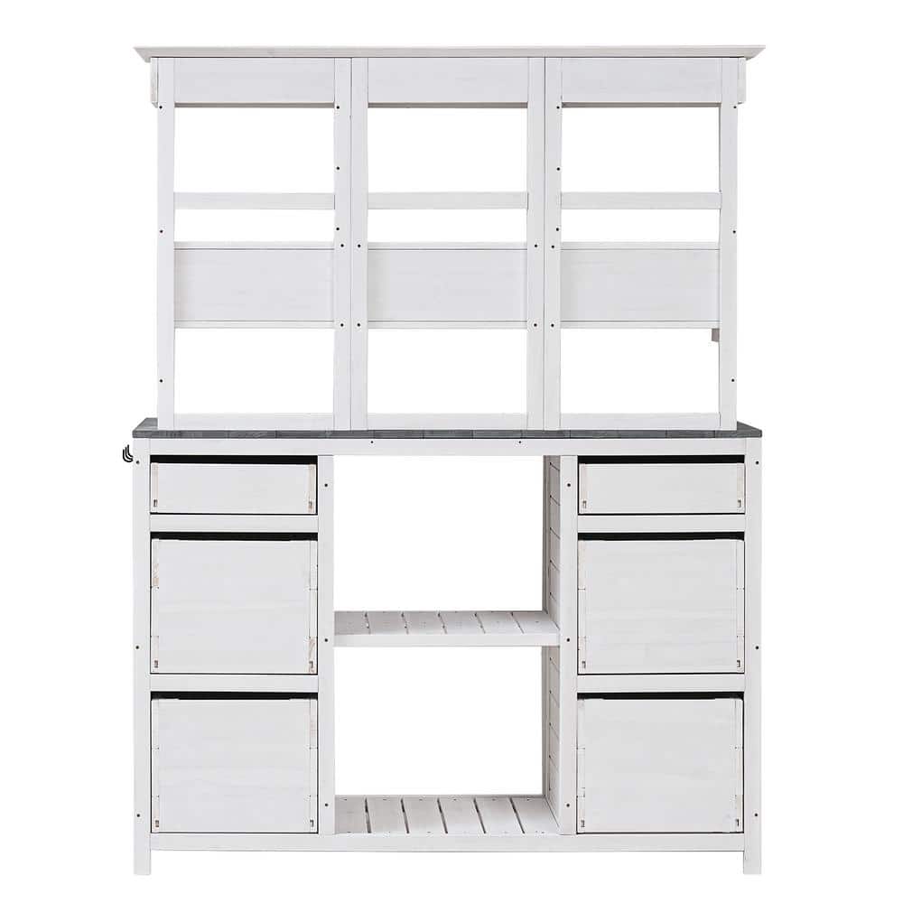 White and Gray Garden Potting Bench Table Rustic and Sleek Design with Mult