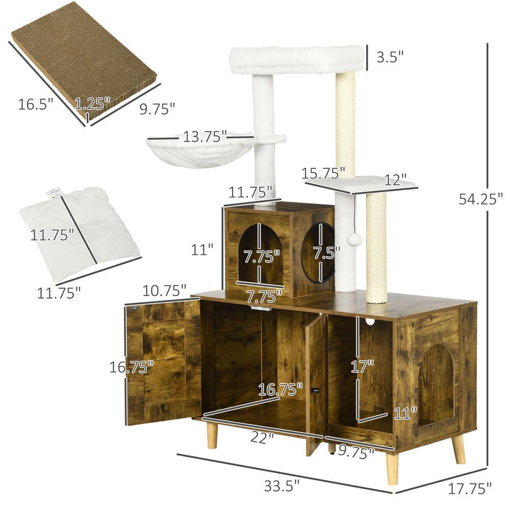 Rustic Brown Wooden Cat Tree with Litter Box Enclosure and Sisal Posts