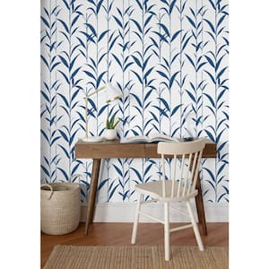 Navy Blue and White Bamboo Leaves Botanical Peel and Stick Wallpaper 30.75 sq. ft.