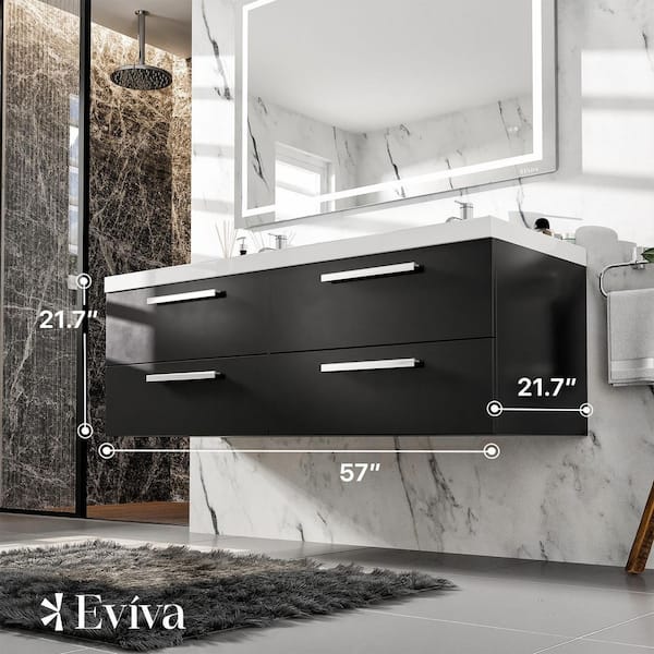 Surf 57 in. W x 19 in. D x 24 in. H Bathroom Vanity in Black-Wood with White Acrylic Top with White Sink
