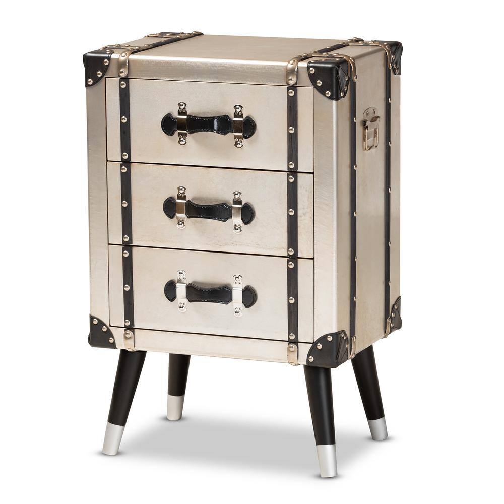 Vintage Industrial Antique Silver 3-Drawer Nightstand with Rivet Details