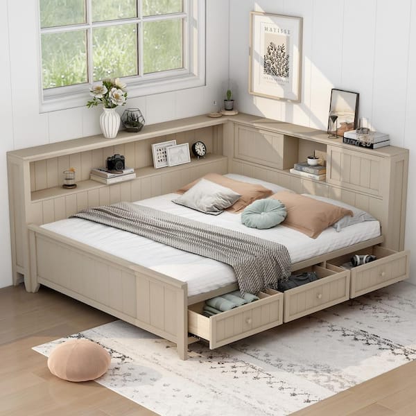 Antique White Full-Size Daybed with 3 Drawers and Storage Shelves
