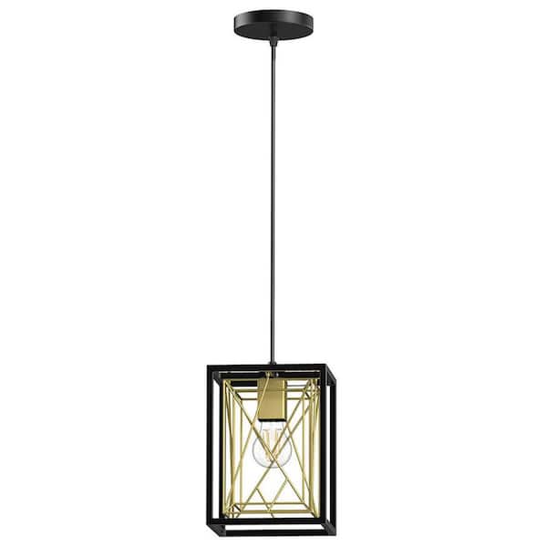 TAIFOND 1-Light Matte Black Rectangle Metal Pendant Light with Metal Cage Shade