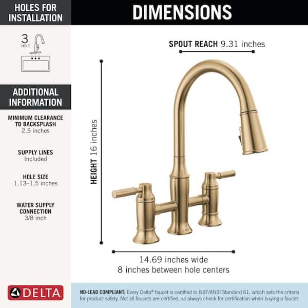 Delta Renaldi Gold Double Handle Bridge Kitchen Faucet in Lumicoat