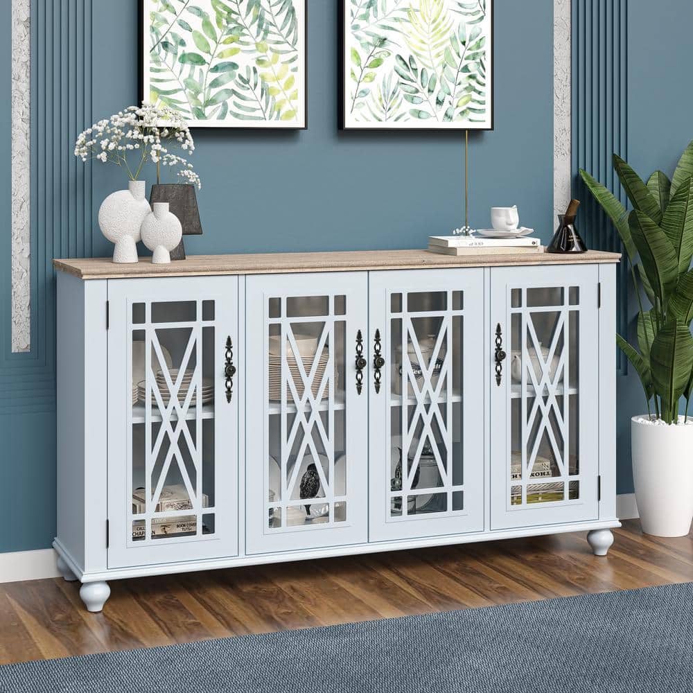 Festivo 63" Grayish-White Wood and Glass Sideboard Cabinet