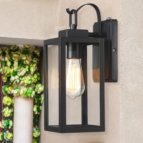 1-Light Matte Black Hardwired Outdoor Wall Lantern Sconce Dusk to Dawn Sensor with Clear Glass(2-Pack）