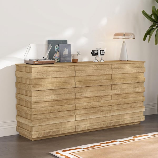 FUFU&GAGA Yellow Wood Grain 9 Drawers 78.7 in. W Chest of Drawers, Dresser, Storage Cabinet with Striking Ribbed Design