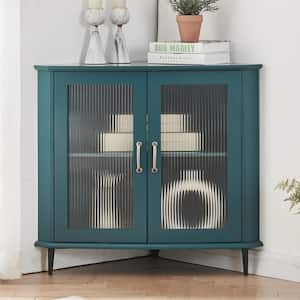 33.62 in. W x 18.62 in. D x 30.98 in. H Blue Linen Cabinet with Fluted Glass Doors in Teal Blue