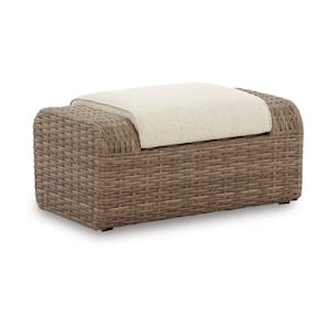 Julia Brown Resin and Wicker Outdoor Ottoman with Beige Fabric Cushion