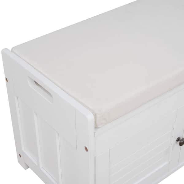 White Storage Bench with Removable Cushion and 3 Shutter-shaped Doors