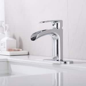 Single-Handle Waterfall Spout Single-Hole Bathroom Faucet with Deckplate and Supply Line in Chrome