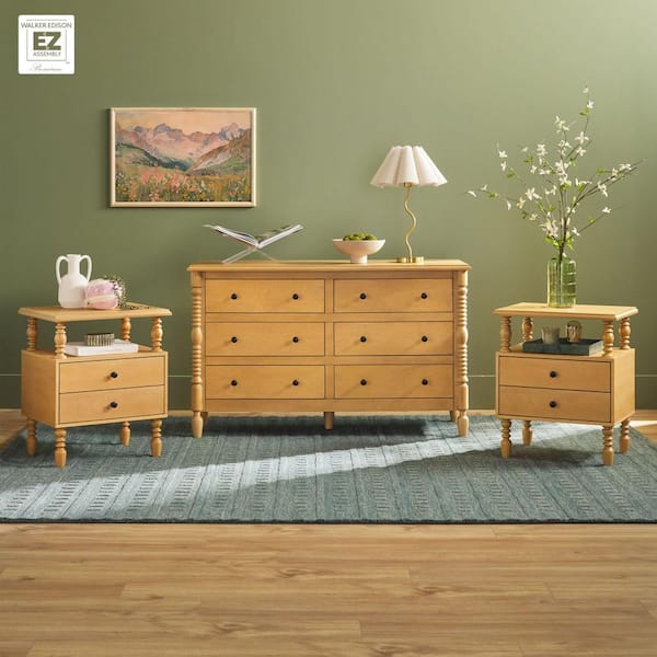 Modern Farmhouse Easy Assembly 3-Piece Solid Wood Natural 2-drawer 22 in. Nightstands and 6-drawer 54 in. Dresser Set