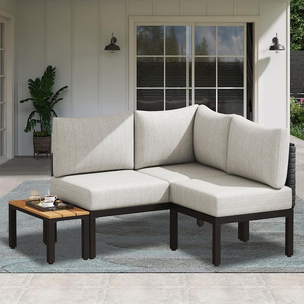 INNUMIA 4 Pieces Black Metal Outdoor Patio Conversation Set with 6 in. Thick Gray Cushions Sectional Sofa Set w/ Side Table
