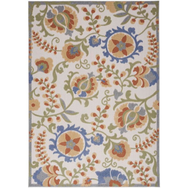 Nourison Aloha Ivory Blue 4 ft. x 6 ft. Floral Contemporary Indoor/Outdoor Area Rug