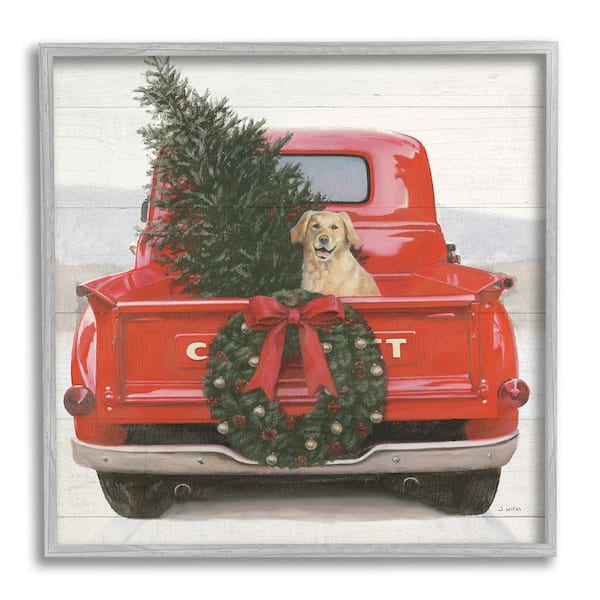 Stupell Industries Festive Dog in Truck by James Wiens 1-Piece Framed Graphic Print Travel Poster Art Print 12 in. x 12 in.