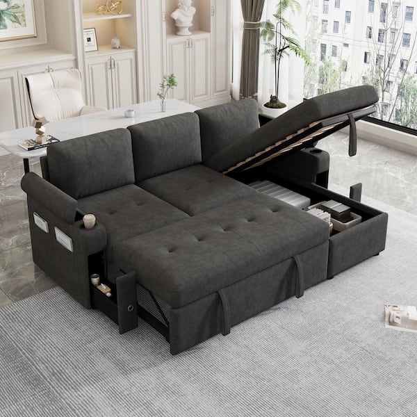 Black 83.5 in. L-shaped Convertible Chenille Queen Size Sofa Bed with Ample Storage Space, 2 Cup Holders and 2 USB Ports