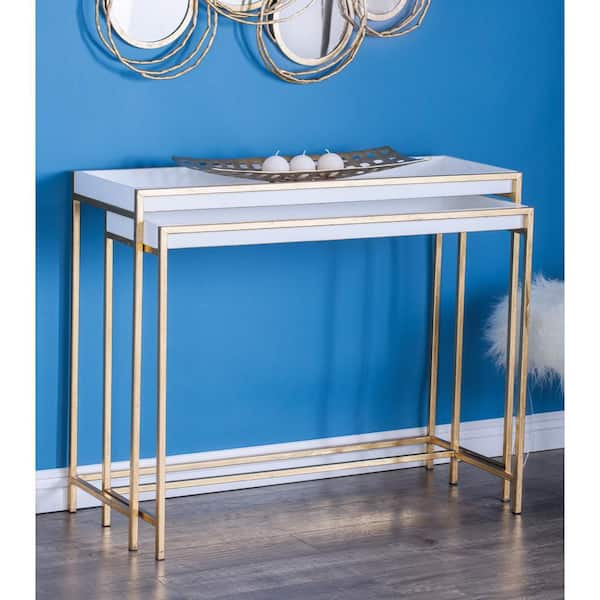 Litton Lane 40 in. White Extra Large Rectangle Wood Nesting Geometric Console Table with Gold Metal Legs (2- Pieces)