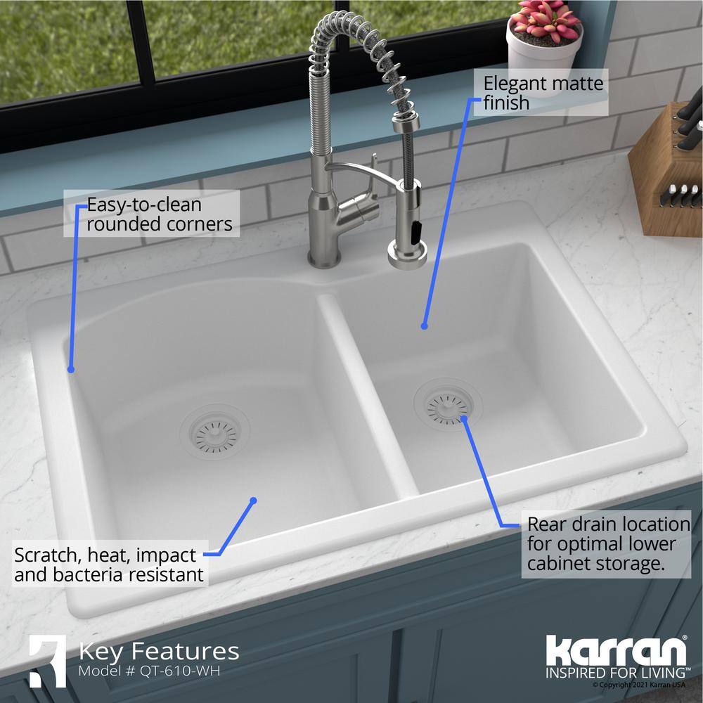 White Quartz Composite Double Bowl Kitchen Sink, 33" x 22"