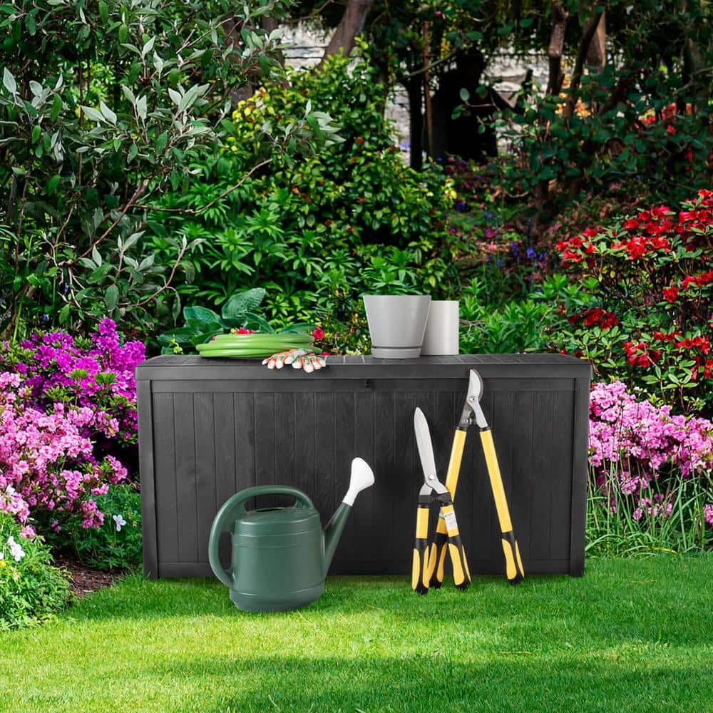 113 Gallon Black Faux Wood Lockable Deck Storage Box