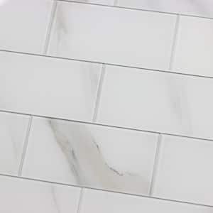 Tuscan Design Styles Calacatta White Subway 4 in. x 8 in. Glossy Glass Decorative Wall Tile (4.44 sq. ft./Pack)