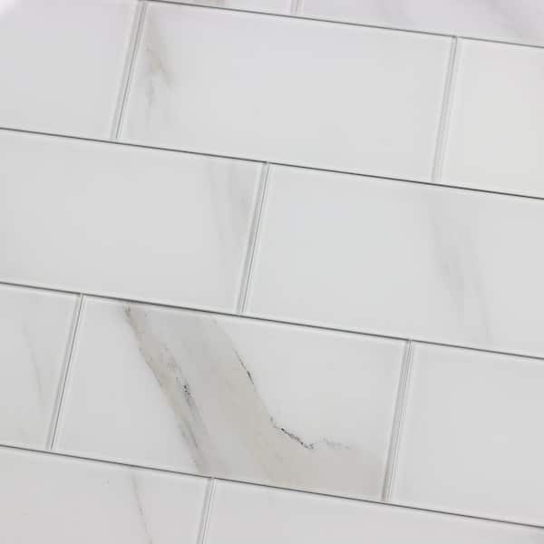 Nature Calacatta White 4 in. x 8 in. Glossy Glass Subway Wall Tile (4.44 sq. ft./Case)