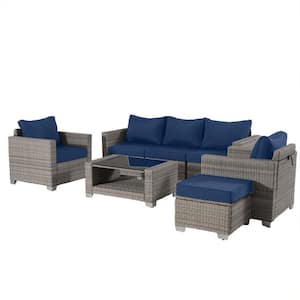 Gray 7-Piece Rattan Wicker Patio Outdoor Sectional Set with Coffee Table and Dark Blue Cushions
