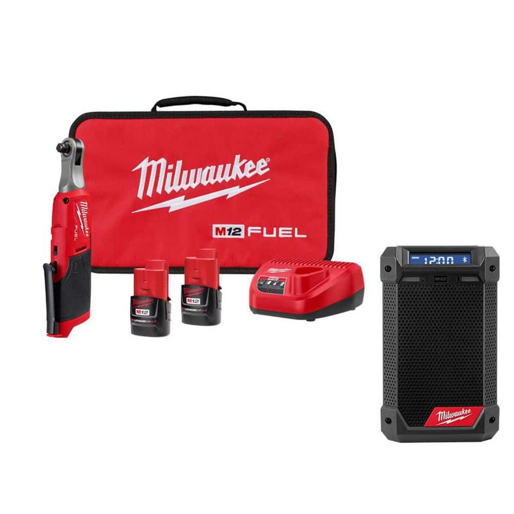 M12 FUEL 12V Lithium-Ion Brushless Cordless High Speed 3/8 in. Ratchet Kit W/M12 Bluetooth Jobsite Radio with Charger -  Milwaukee, 2567-22-2951