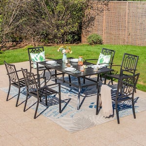 Black 7-Piece Metal Rectangle Patio Outdoor Dining Set with Slat Table and Fashion Stackable Chairs