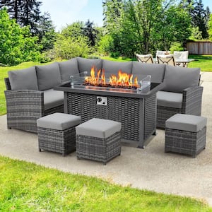Black 7-Piece Wicker Outdoor Patio Fire Pit Set with Gray Cushions