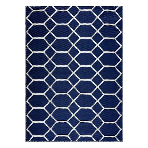 Miami Navy Creme 5 ft. X 7 ft. Reversible Recycled Plastic Indoor/Outdoor Area Rug-Floor Mat