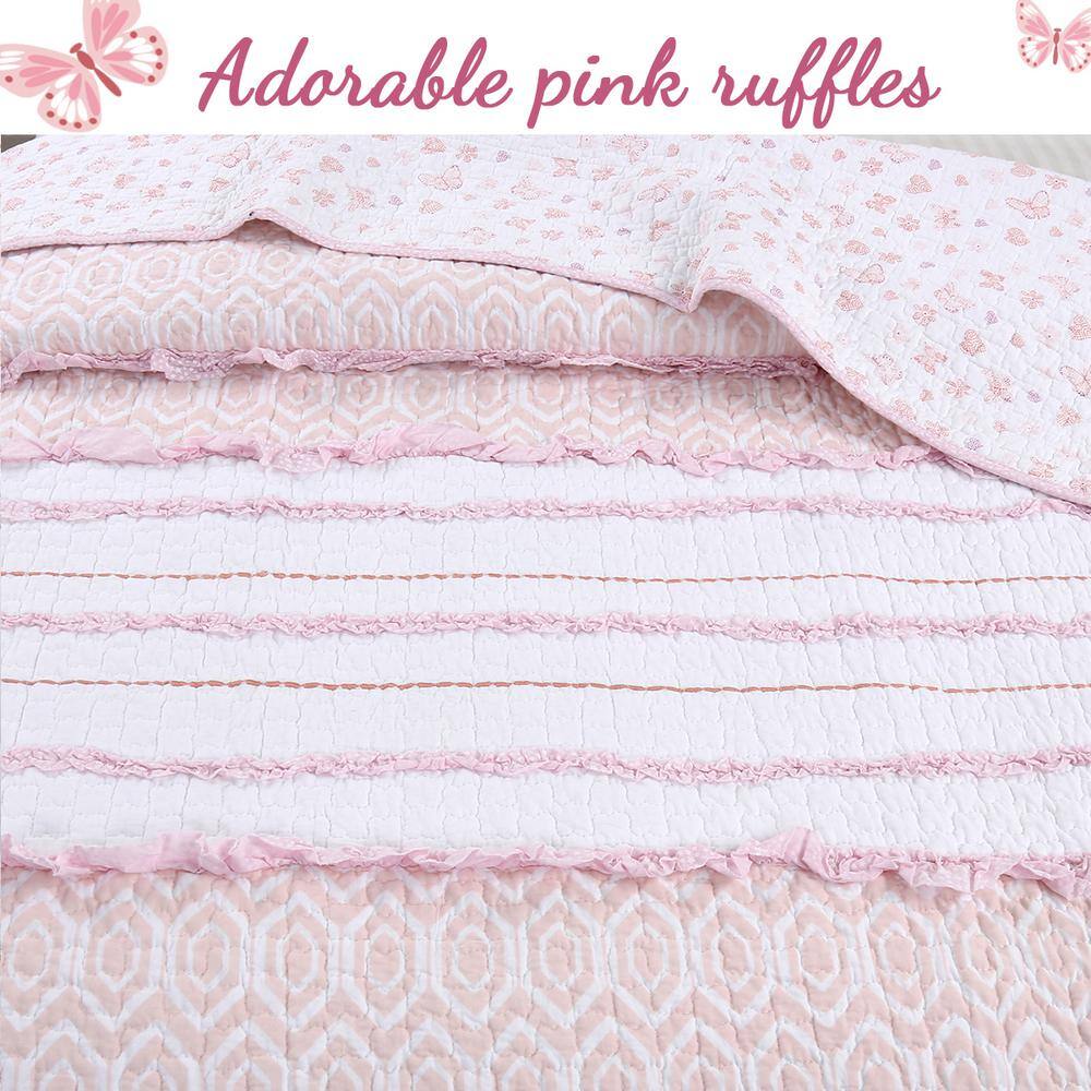 Pink and White Cotton Reversible Twin Quilt Set