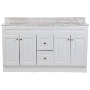 Glensford 61 in. W x 22 in. D Bath Vanity in White with Stone Effects Vanity Top in Winter Mist with White Sinks