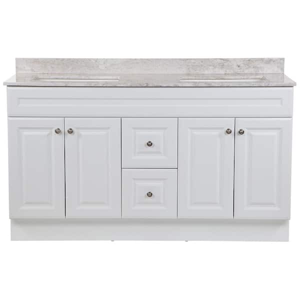Glensford 61 in. Double Sink White Bath Vanity with Winter Mist Cultured Marble Top (Assembled)