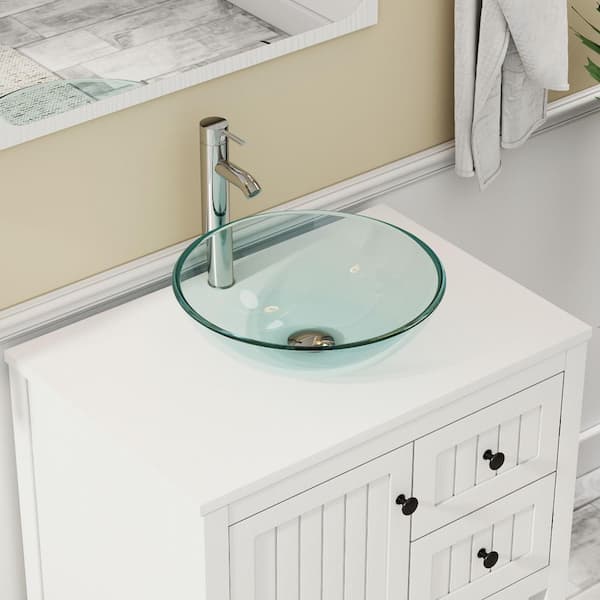 30 in. W x 20 in. D x 32 in. H Single Sink Freestanding White Bath Vanity with Clear Round Glass Vessel Sink Top