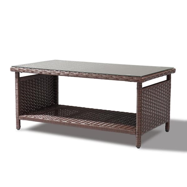Brown Rectangular Wicker 2-Layer Outdoor Coffee Table