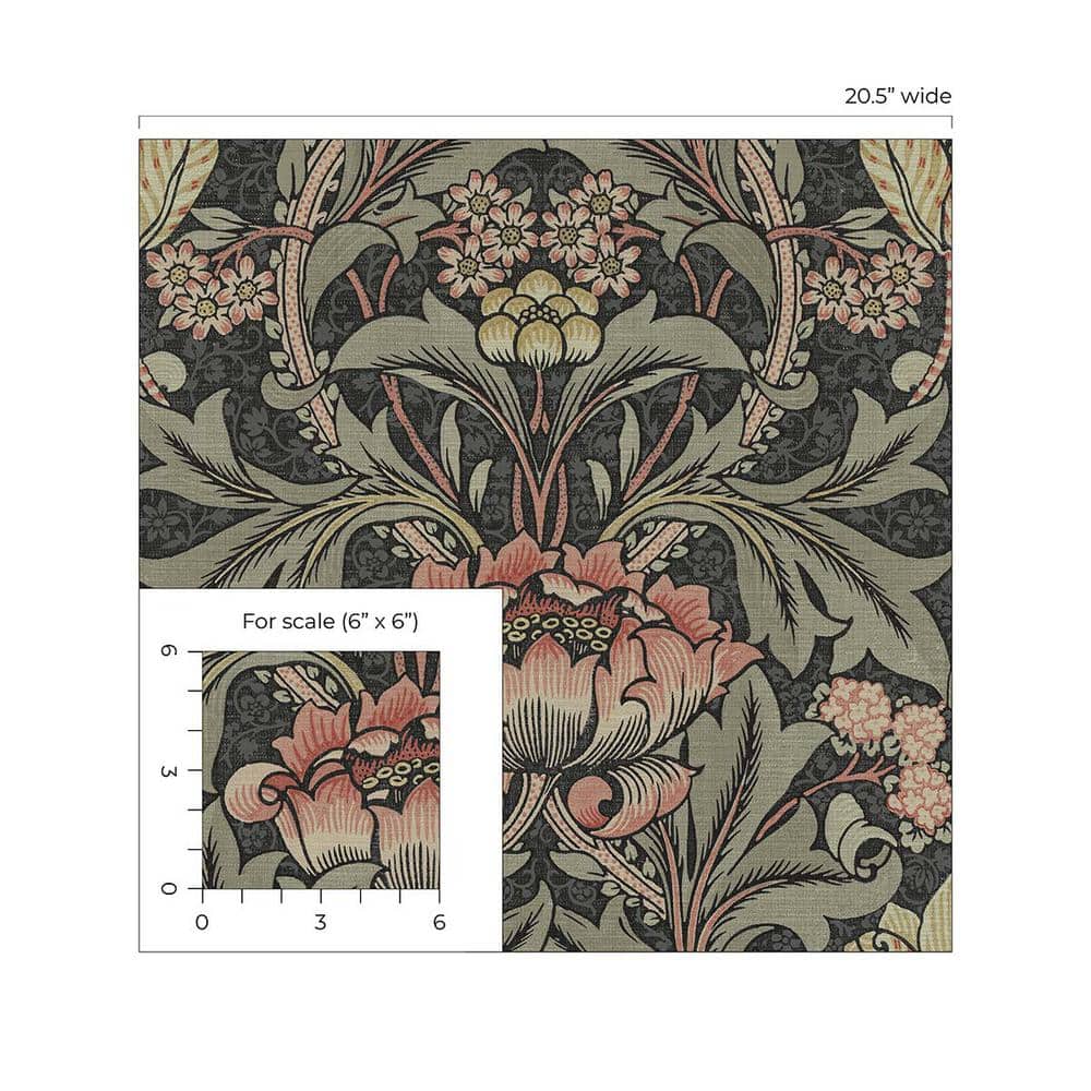Charcoal and Rosewood Acanthus Floral Peel and Stick Wallpaper