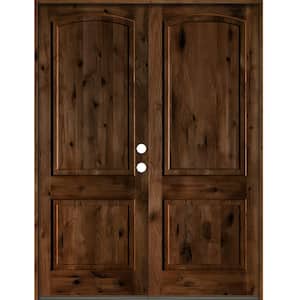 60 in. x 96 in. Rustic Knotty Alder 2-Panel Arch Top Provincial Stain Left-Hand Wood Double Prehung Front Door
