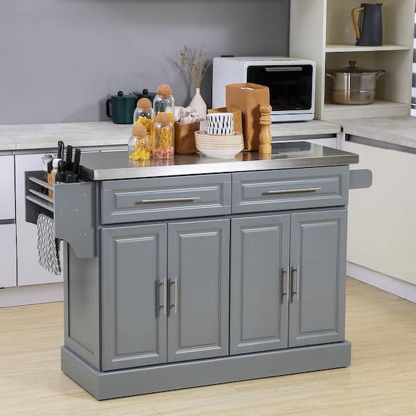 Gray stainless Steel Top 17. 75 in. Kitchen Island with Drop Leaf Breakfast Bar, Storage Drawers, 2-Cabinets, Spice Rack