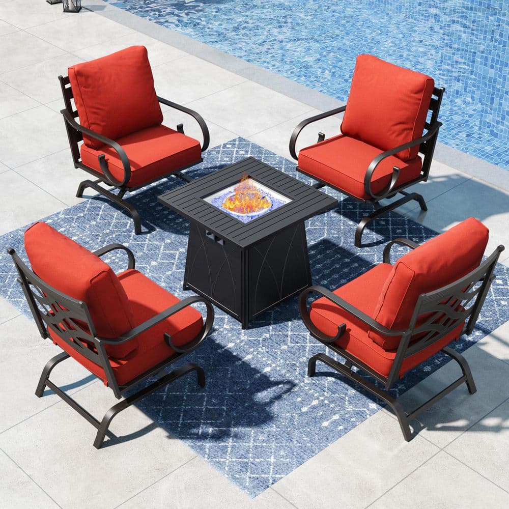 Black Metal 4 Seat 5-Piece Steel Outdoor Fire Pit Patio Set with Red Cushions,4 Rocking Chairs, Square Fire Pit Table price history on PriceWatchPro
