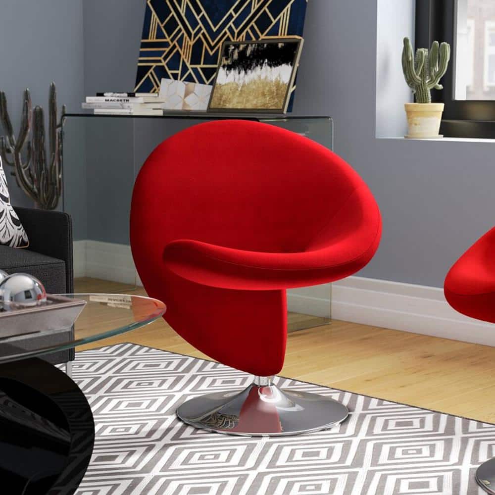 Curl Modern Red and Polished Chrome Wool Blend Upholstered Swivel Accent Occasional Chair