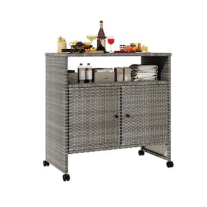 Outdoor Wicker Island Bar Cart & Patio Bar Table, Rolling Wine Serving Cart with Storage for Backyard, Poolside, Garden