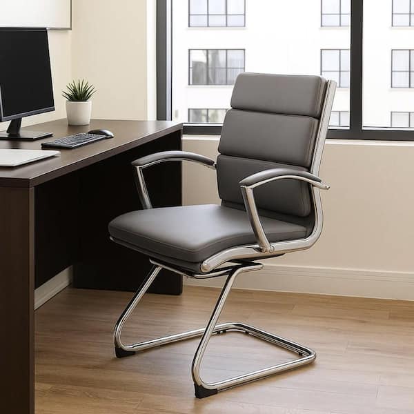 Kim Vinyl Upholstered Ergonomic Guest Chair in Gray and Chrome with Non-Adjustable Arms