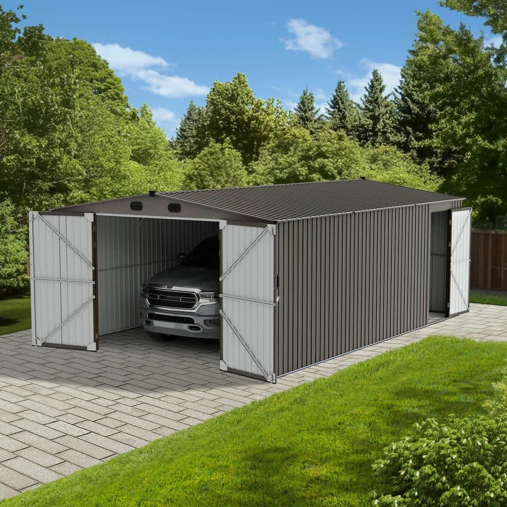 Light Grey 13' x 20' Metal Outdoor Storage Shed with Dual Doors