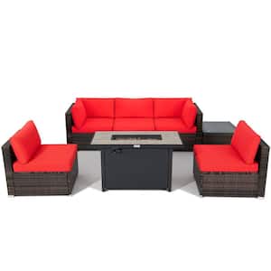 7-Pieces Patio Rattan Furniture Set Fire Pit Table Cover Cushion Red
