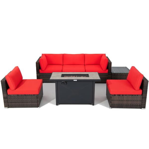 Gymax 7-Pieces Patio Rattan Furniture Set Fire Pit Table Cover Cushion Red
