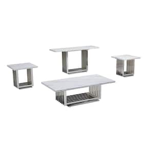 Magda 55 in. White Rectangle Marble Top Coffee Table Set with Stainless Steel Base 4 Pieces