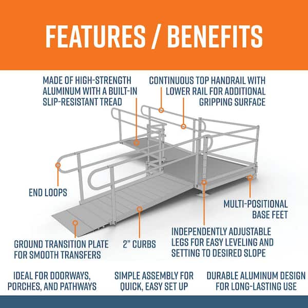 PATHWAY 12 ft. L-Shaped Aluminum Wheelchair Ramp Kit with Solid Surface Tread, 2-Line Handrails and 5 ft. Turn Platform