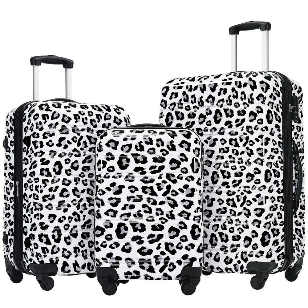 3-Piece White Black Leopard PolycarbonateHardshell Spinner TSA Lock Lightweight Expandable Luggage Set